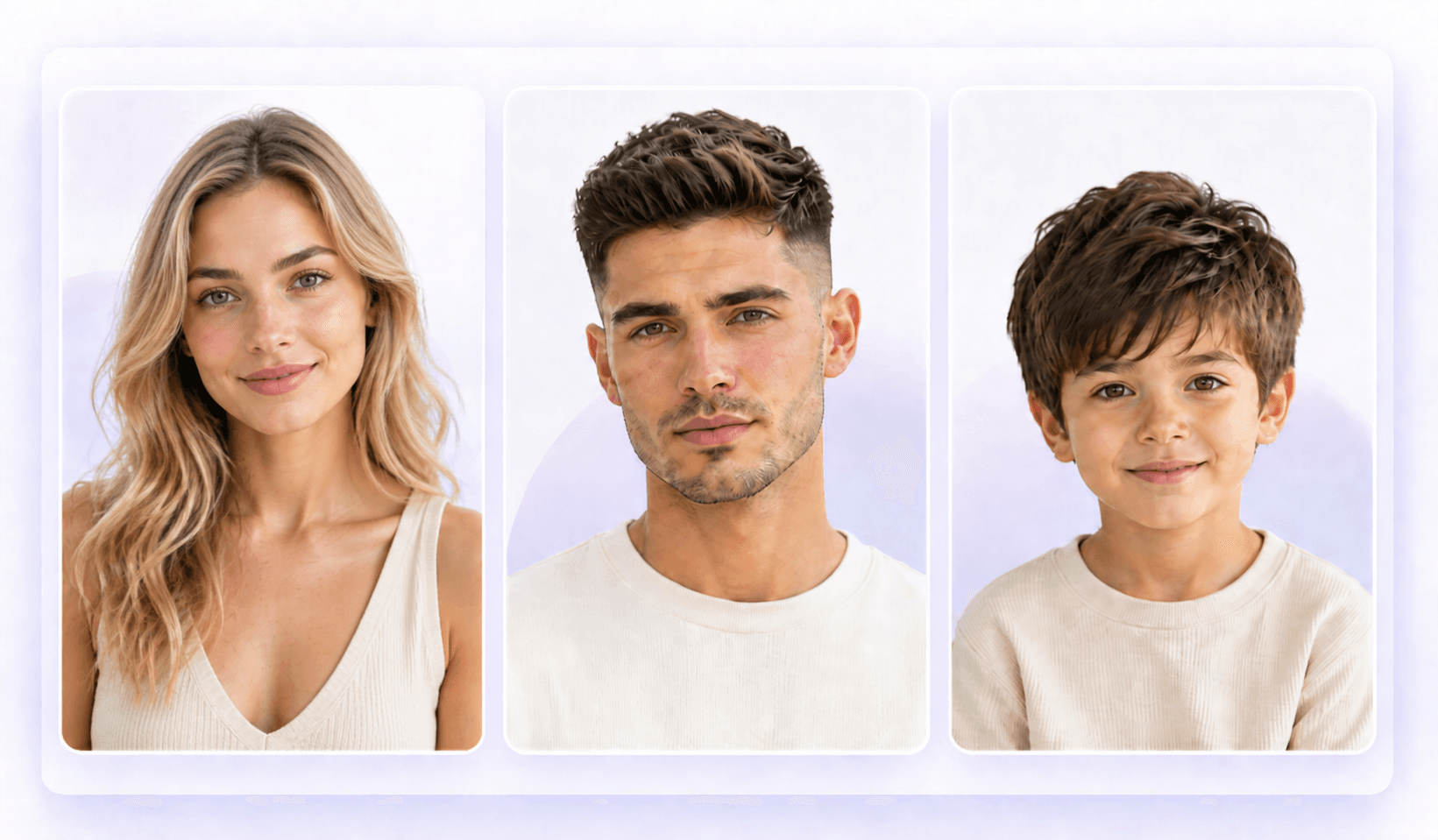 AI hairstyle ideas for women men and kids shown in a clean portrait layout